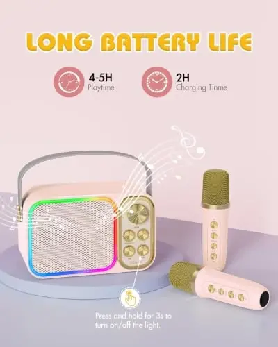 BESCOST Mini Karaoke Machine for Kids Adults, Portable Bluetooth Speaker with 2 Wireless Mics, Kids Karaoke Machine with LED Light Toys Birthday Gifts for 3-12+ Years Old Girls Boys(Colorful) - 4