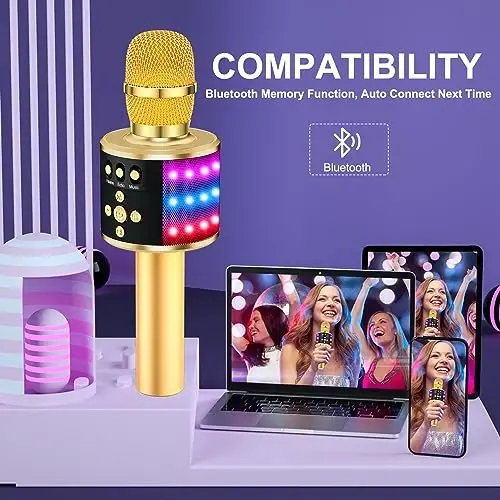 BONAOK Karaoke Microphone for Kids & Adults - Bluetooth Microphones Singing Mic with Disco Lights, Echo Effect, Built-in Speaker Portable Karaoke Player for Party Travel Gifts Q78(Gold) - 3