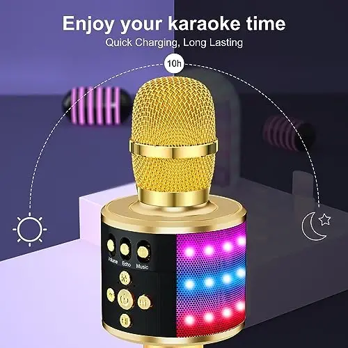 BONAOK Karaoke Microphone for Kids & Adults - Bluetooth Microphones Singing Mic with Disco Lights, Echo Effect, Built-in Speaker Portable Karaoke Player for Party Travel Gifts Q78(Gold) - 4