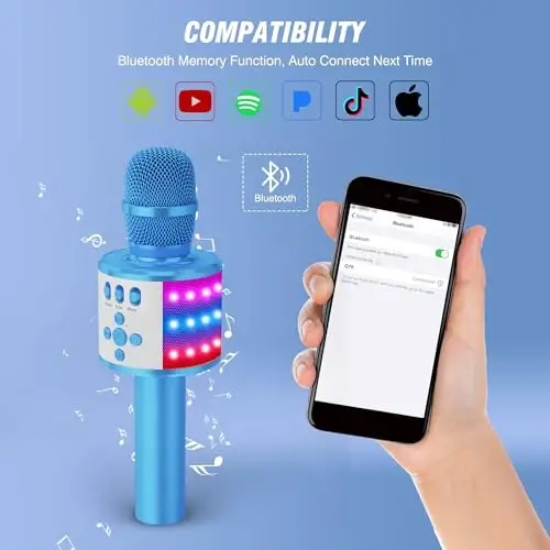 BONAOK Karaoke Microphone for Kids & Adults - Bluetooth Microphones Singing Mic with Disco Lights, Echo Effect, Built-in Speaker Portable Karaoke Player for Party Travel Gifts Q78(Blue) - 5