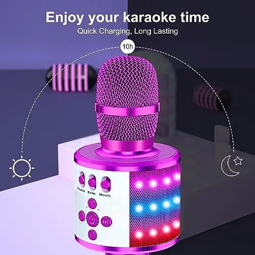 BONAOK Karaoke Microphone for Kids & Adults - Bluetooth Microphones Singing Mic with Disco Lights, Echo Effect, Built-in Speaker Portable Karaoke Player for Party Travel Gifts Q78(Purple) - 3