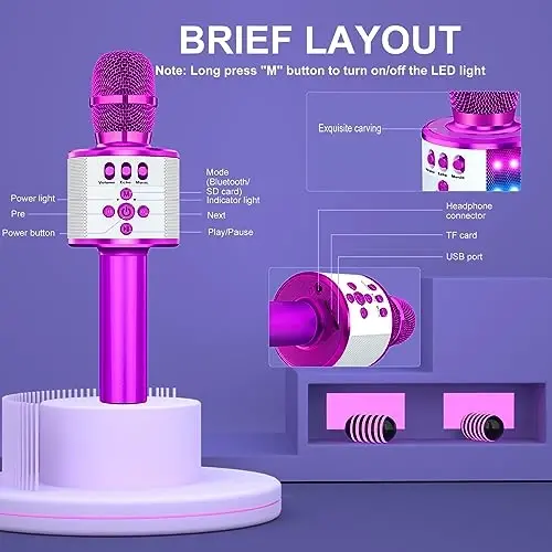 BONAOK Karaoke Microphone for Kids & Adults - Bluetooth Microphones Singing Mic with Disco Lights, Echo Effect, Built-in Speaker Portable Karaoke Player for Party Travel Gifts Q78(Purple) - 4