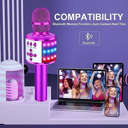 BONAOK Karaoke Microphone for Kids & Adults - Bluetooth Microphones Singing Mic with Disco Lights, Echo Effect, Built-in Speaker Portable Karaoke Player for Party Travel Gifts Q78(Purple) - 5