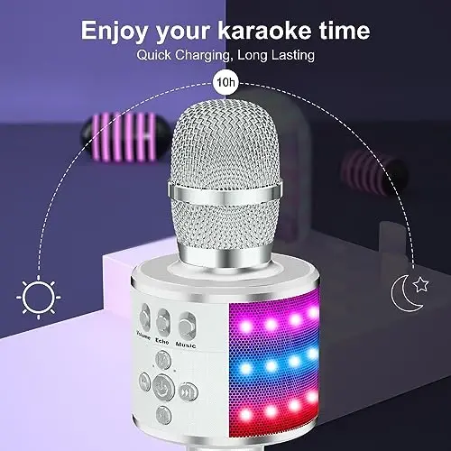 BONAOK Karaoke Microphone for Kids & Adults - Bluetooth Microphones Singing Mic with Disco Lights, Echo Effect, Built-in Speaker Portable Karaoke Player for Party Travel Gifts Q78(Silver) - 4