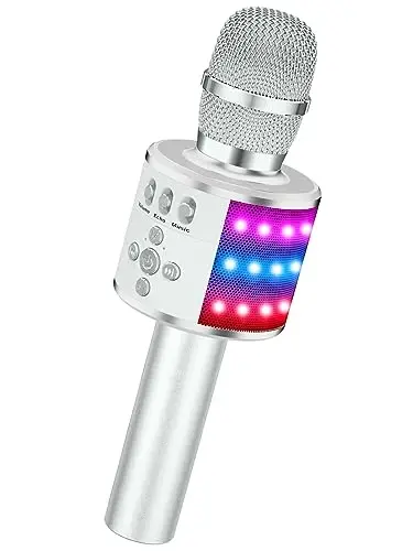 BONAOK Karaoke Microphone for Kids & Adults - Bluetooth Microphones Singing Mic with Disco Lights, Echo Effect, Built-in Speaker Portable Karaoke Player for Party Travel Gifts Q78(Silver) - 1