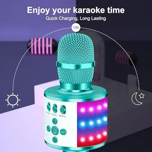 BONAOK Karaoke Microphone for Kids & Adults - Bluetooth Microphones Singing Mic with Disco Lights, Echo Effect, Built-in Speaker Portable Karaoke Player for Party Travel Gifts Q78(Ice Blue) - 3