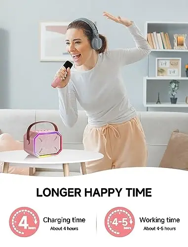 Karaoke Machine for Kids and Adults, Mini Portable Bluetooth Speaker with 2 Wireless Microphones, Kids Gift for Girls Boys Family Party Birthday (Pinkcolor) - 6