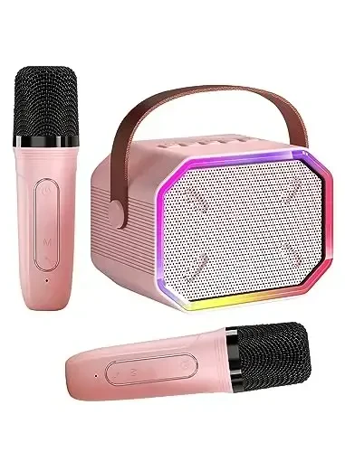 Karaoke Machine for Kids and Adults, Mini Portable Bluetooth Speaker with 2 Wireless Microphones, Kids Gift for Girls Boys Family Party Birthday (Pinkcolor) 
