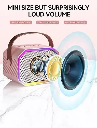 Karaoke Machine for Kids and Adults, Mini Portable Bluetooth Speaker with 2 Wireless Microphones, Kids Gift for Girls Boys Family Party Birthday (Pinkcolor) - 2