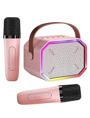 Çocuklar ve Yetişkinler için Karaoke Makinesi, 2 Kablosuz Mikrofonlu Mini Taşınabilir Bluetooth Hoparlör, Kız ve Erkek Çocuklar için Aile Partisi Doğum Günü Hediyesi (Pembe renk) 