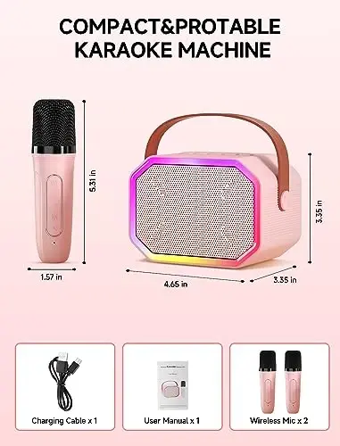 Çocuklar ve Yetişkinler için Karaoke Makinesi, 2 Kablosuz Mikrofonlu Mini Taşınabilir Bluetooth Hoparlör, Kız ve Erkek Çocuklar için Aile Partisi Doğum Günü Hediyesi (Pembe renk) - 3