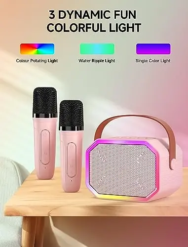 Çocuklar ve Yetişkinler için Karaoke Makinesi, 2 Kablosuz Mikrofonlu Mini Taşınabilir Bluetooth Hoparlör, Kız ve Erkek Çocuklar için Aile Partisi Doğum Günü Hediyesi (Pembe renk) - 5