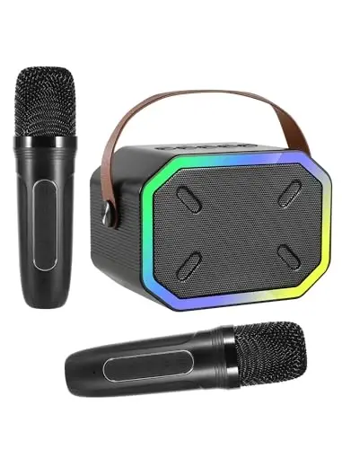 Karaoke Machine for Kids and Adults, Mini Portable Bluetooth Speaker with 2 Wireless Microphones, Led Lights for TV, Kids Gifts for Girls Boys Family Party Birthday (Black) - 1