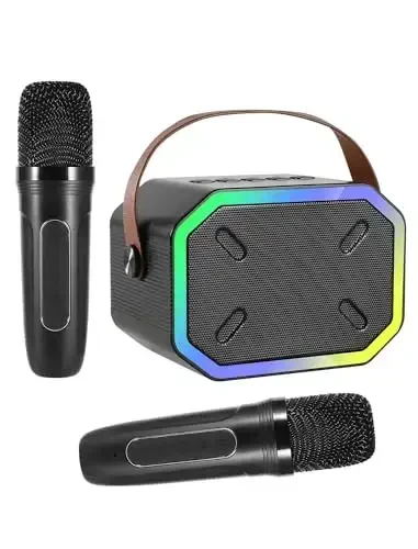 Karaoke Machine for Kids and Adults, Mini Portable Bluetooth Speaker with 2 Wireless Microphones, Led Lights for TV, Kids Gifts for Girls Boys Family Party Birthday (Black) 