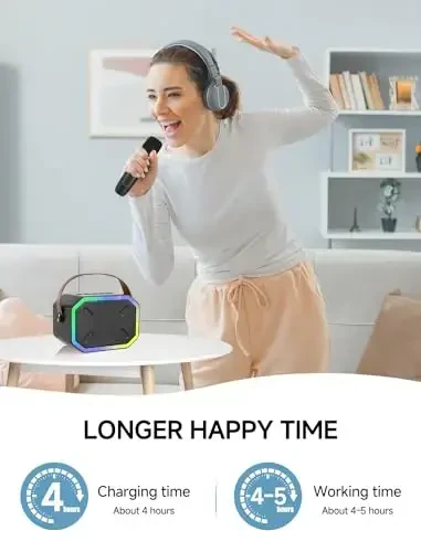 Karaoke Machine for Kids and Adults, Mini Portable Bluetooth Speaker with 2 Wireless Microphones, Led Lights for TV, Kids Gifts for Girls Boys Family Party Birthday (Black) - 6