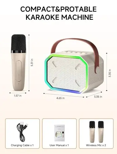 Karaoke Machine for Kids and Adults, Mini Portable Bluetooth Speaker with 2 Wireless Microphones, Led Lights for TV, Kids Gifts for Girls Boys Family Party Birthday (Beige) - 3