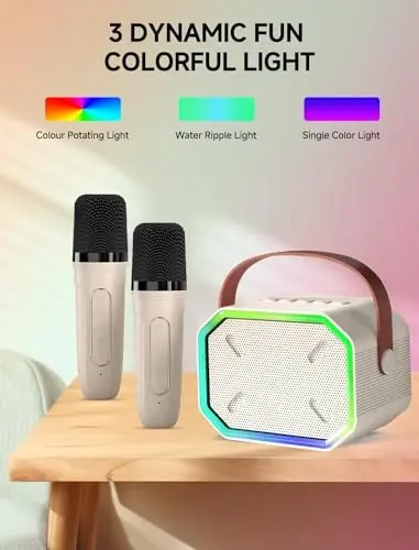 Karaoke Machine for Kids and Adults, Mini Portable Bluetooth Speaker with 2 Wireless Microphones, Led Lights for TV, Kids Gifts for Girls Boys Family Party Birthday (Beige) - 4