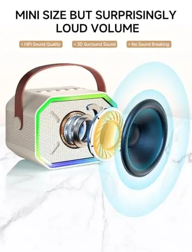 Karaoke Machine for Kids and Adults, Mini Portable Bluetooth Speaker with 2 Wireless Microphones, Led Lights for TV, Kids Gifts for Girls Boys Family Party Birthday (Beige) - CAIORD (1)