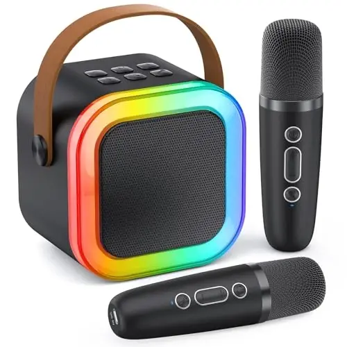 Çocuklar ve Yetişkinler İçin Karaoke Makinesi, Taşınabilir Bluetooth Mini Karaoke Mikrofon Şarkı Söyleme Hoparlörü 2 Kablosuz Mikrofon ve Işık ile, Tüm Akıllı Telefonlar, Doğum Günü, Aile, Ev Partisi İçin Oyuncaklar (Siyah) 