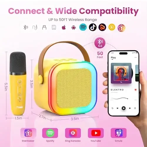 Mini Karaoke Machine for Kids Adults, Portable Bluetooth Speaker with 2 Wireless Karaoke Microphones,2025 TOP Birthday Gifts Toys for Boys 3,4, 5, 6, 7, 8+Years Old Toddler Karaoke Player(Yellow) - 6
