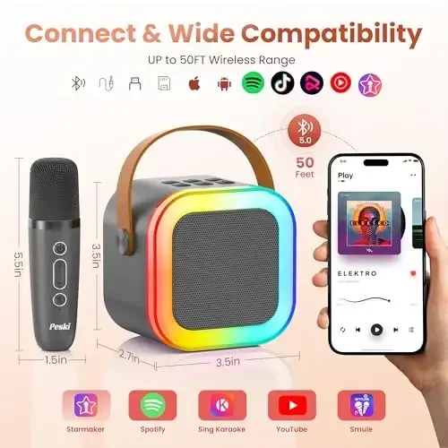 Karaoke Machine for Kids Adults, Portable Bluetooth Mini Karaoke Microphone Singing Speaker Karaoke Player with 2 Wireless Mic, for All Smartphones,Birthday, Family,Home Party (Space Gray) - 6