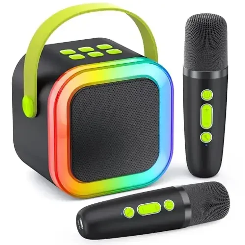 Karaoke Machine for Kids Adults, Portable Bluetooth Mini Karaoke Microphone Singing Speaker Karaoke Player with 2 Wireless Mic, for All Smartphones,Birthday, Family,Home Party (Black Green) - 1