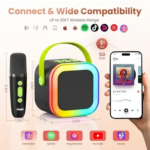 Karaoke Machine for Kids Adults, Portable Bluetooth Mini Karaoke Microphone Singing Speaker Karaoke Player with 2 Wireless Mic, for All Smartphones,Birthday, Family,Home Party (Black Green) - 6