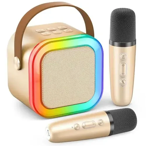 Karaoke Machine for Kids Adults, Portable Bluetooth Mini Karaoke Microphone Singing Speaker Karaoke Player with 2 Wireless Mic, for All Smartphones,Birthday, Family,Home Party (Gold) 