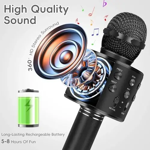 KIDWILL Wireless Bluetooth Karaoke Microphone for Kids and Adults, 5-in-1 Portable Handheld Karaoke Mic Speaker Player Recorder with Adjustable Remix FM Radio for Girls Boys Teens Adults - 6