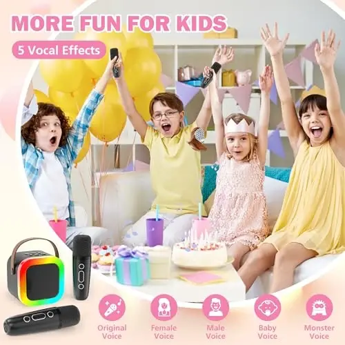 Koolcover Mini Karaoke Machine for Kids Adults, Portable Bluetooth Speaker with 2 Wireless Microphones,Toys Birthday Gifts for Girls Ages 4, 5, 6, 7, 8,9,10,11,12+ Family Home Party (Black) - 3
