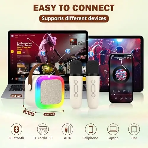 Koolcover Mini Karaoke Machine for Kids Adults, Portable Bluetooth Speaker with 2 Wireless Microphones,Toys Birthday Gifts for Girls Ages 4, 5, 6, 7, 8,9,10,11,12+ Family Home Party (Beige) - 4