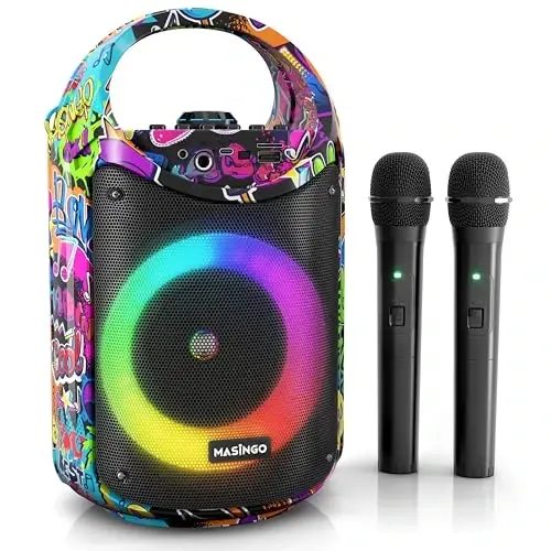 MASINGO Karaoke Machine for Kids and Adults with 2 Wireless Bluetooth Microphones, PA Portable Speaker with Colorful LED Lights, Supports TF Card/USB, AUX/MIC in, TWS for Home Party, Burletta C10 V2 
