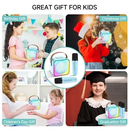 Mini Karaoke Machine for Kids and Adults,Portable Bluetooth Karaoke Machine with 2 Wireless Microphones, Kids Karaoke Machine for Home Party,Birthday Gifts for Girls Boys（Blue） - 2