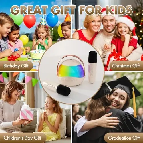 Mini Karaoke Machine Gifts for Kids Adults, Portable Karaoke Speaker with 2 Wireless Microphones, Kids Microphone with Speaker, Birthday Gifts for Girls Boys 3-12+ Year Old (Beige) - 3
