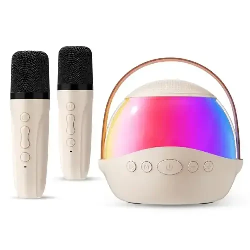Mini Karaoke Machine Gifts for Kids Adults, Portable Karaoke Speaker with 2 Wireless Microphones, Kids Microphone with Speaker, Birthday Gifts for Girls Boys 3-12+ Year Old (Beige) - 1