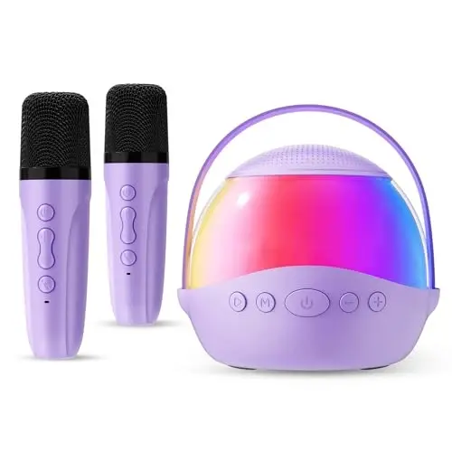 Mini Karaoke Machine Gifts for Kids Adults, Portable Karaoke Speaker with 2 Wireless Microphones, Kids Microphone with Speaker and LED Light, Birthday Gifts for Girls Boys 3-12+ Year Old (Purple) 