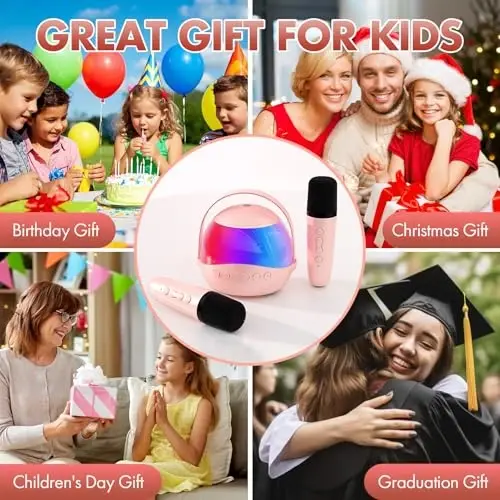Mini Karaoke Machine Gifts for Kids Adults, Portable Karaoke Speaker with 2 Wireless Microphones, Kids Microphone with Speaker and LED Light, Birthday Gifts for Girls Boys 3-12+ Year Old (Pinkcolor) - 3