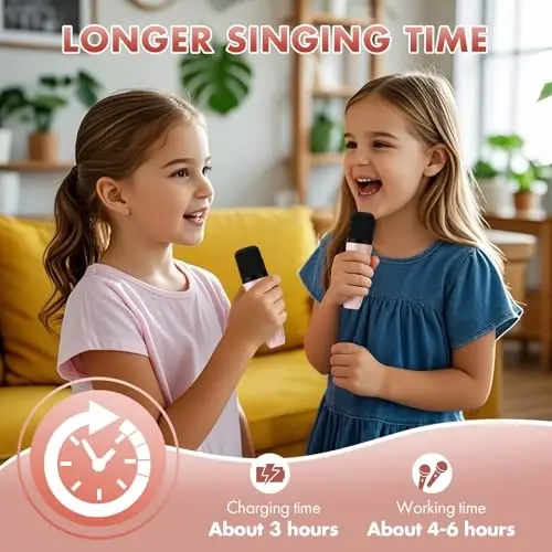 Mini Karaoke Machine Gifts for Kids Adults, Portable Karaoke Speaker with 2 Wireless Microphones, Kids Microphone with Speaker and LED Light, Birthday Gifts for Girls Boys 3-12+ Year Old (Pinkcolor) - 6