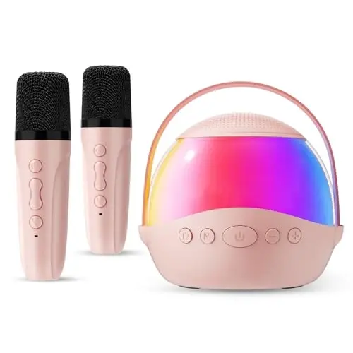 Mini Karaoke Machine Gifts for Kids Adults, Portable Karaoke Speaker with 2 Wireless Microphones, Kids Microphone with Speaker and LED Light, Birthday Gifts for Girls Boys 3-12+ Year Old (Pinkcolor) - 1
