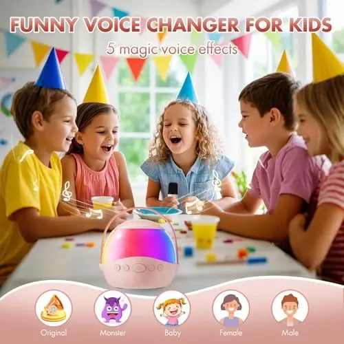 Mini Karaoke Machine Gifts for Kids Adults, Portable Karaoke Speaker with 2 Wireless Microphones, Kids Microphone with Speaker and LED Light, Birthday Gifts for Girls Boys 3-12+ Year Old (Pinkcolor) - 4