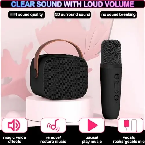Mini Karaoke Machine for Kids & Adults, Kids Toys for Girls & Boys Gifts, Bluetooth Speaker with 2 Wireless Microphone for Kids Adults Toddler Girls Home Party Birthday Gifts Black - 5