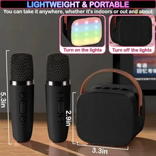 Mini Karaoke Machine for Kids & Adults, Kids Toys for Girls & Boys Gifts, Bluetooth Speaker with 2 Wireless Microphone for Kids Adults Toddler Girls Home Party Birthday Gifts Black - 6