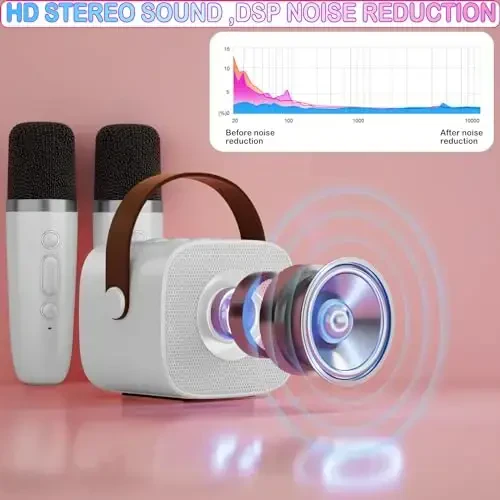 Mini Karaoke Machine for Kids & Adults, Kids Toys for Girls & Boys Gifts, Bluetooth Speaker with 2 Wireless Microphone for Kids Adults Toddler Girls Home Party Birthday Gifts White - 3