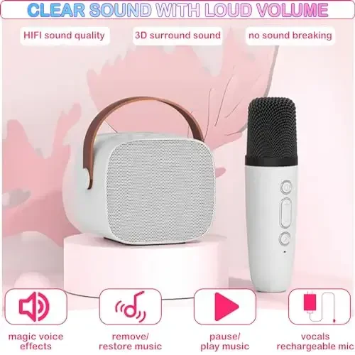 Mini Karaoke Machine for Kids & Adults, Kids Toys for Girls & Boys Gifts, Bluetooth Speaker with 2 Wireless Microphone for Kids Adults Toddler Girls Home Party Birthday Gifts White - 5