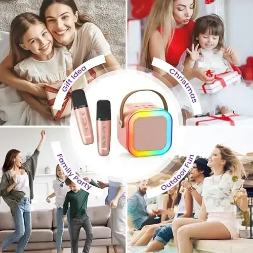 Peski Karaoke Machine for Kids Adults, Portable Bluetooth Mini Karaoke Microphone Singing Speaker Karaoke Player with 2 Wireless Mic, Birthday Gifts for Girls Boys Family Home Party(Rose Gold) 