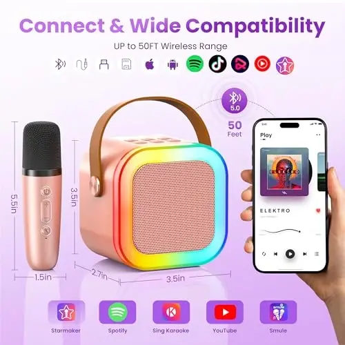Peski Karaoke Machine for Kids Adults, Portable Bluetooth Mini Karaoke Microphone Singing Speaker Karaoke Player with 2 Wireless Mic, Birthday Gifts for Girls Boys Family Home Party(Rose Gold) - PESKI (1)
