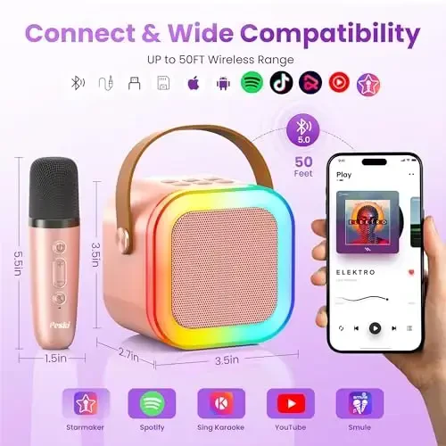 Peski Karaoke Machine for Kids Adults, Portable Bluetooth Mini Karaoke Microphone Singing Speaker Karaoke Player with 2 Wireless Mic, Birthday Gifts for Girls Boys Family Home Party(Rose Gold) - 5
