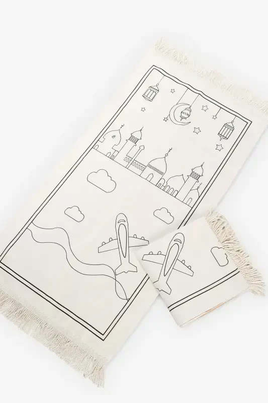 Çocuklara Özel Yıkanabilir Boyamalı Seccade Seti Mavi-Mavi - 7