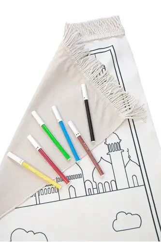 Çocuklara Özel Yıkanabilir Boyamalı Seccade Seti Mavi-Mavi - 8