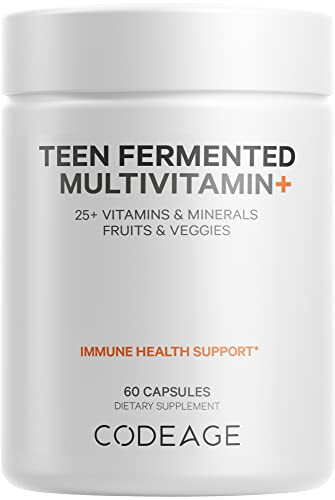 Codeage Gençler İçin Günlük Multivitamin Takviyesi, 25+ Vitamin ve Mineral, Ergen Çocuklar ve Kızlar İçin, Organik Tam Gıda Vitaminleri, A, B, C, D, E, K, Omega-3, 60 Adet - 1